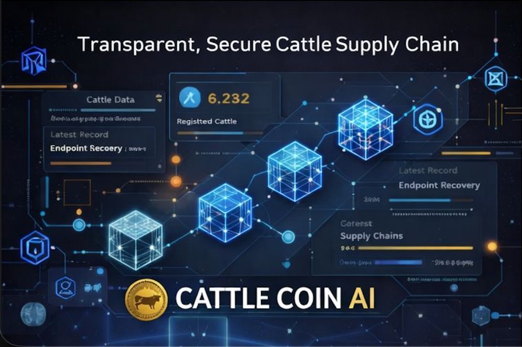 Dashboard visual: transparent, secure cattle supply chain with blockchain-style data blocks.
