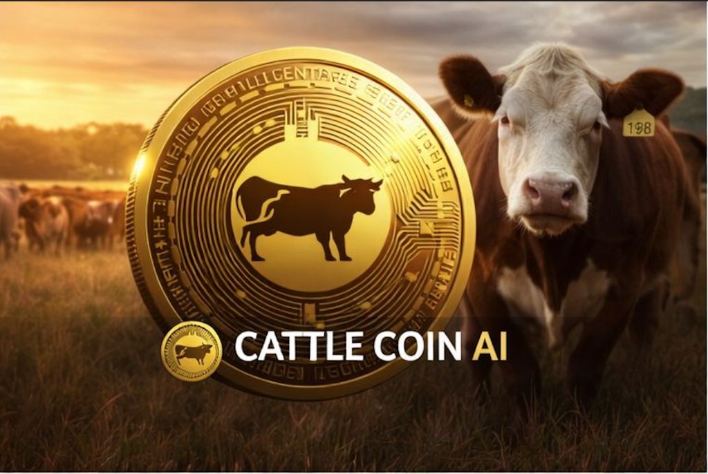 Gold Cattle Coin beside a herd at sunset—legacy agriculture meets a digital asset.